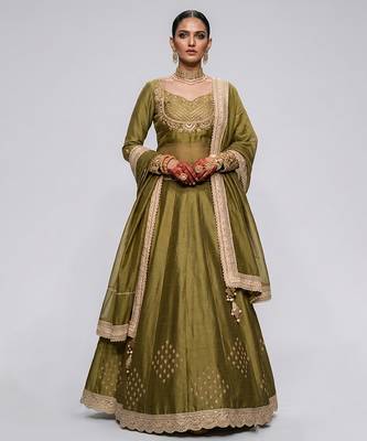 Olive Green Embroidered Dupion Silk Lehenga Set 1