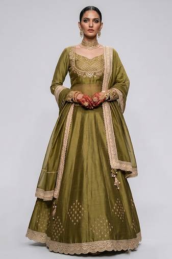 Olive Green Embroidered Dupion Silk Lehenga Set