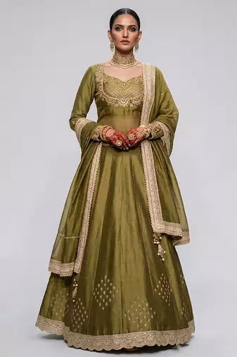 Olive Green Embroidered Dupion Silk Lehenga Set