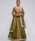 Olive Green Embroidered Dupion Silk Lehenga Set