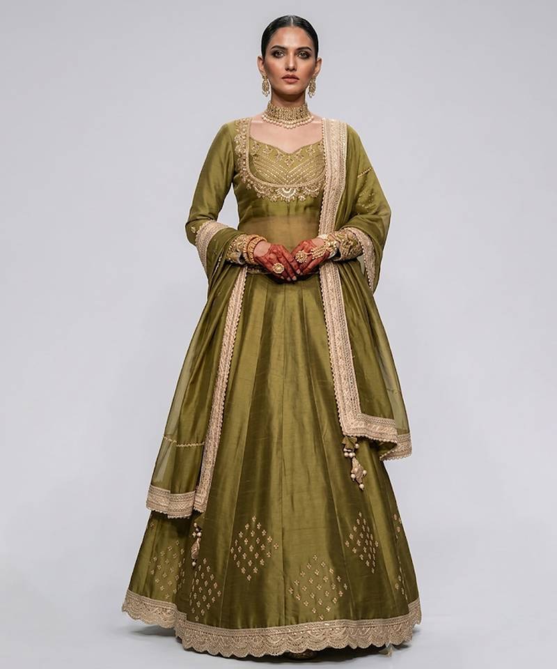 Olive Green Embroidered Dupion Silk Lehenga Set