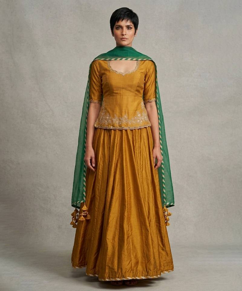 Mustard Yellow Dupion Silk Lehenga Set