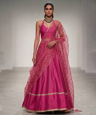 Rani Pink Embroidered Dupion Silk Lehenga Set 1