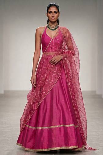 Rani Pink Embroidered Dupion Silk Lehenga Set