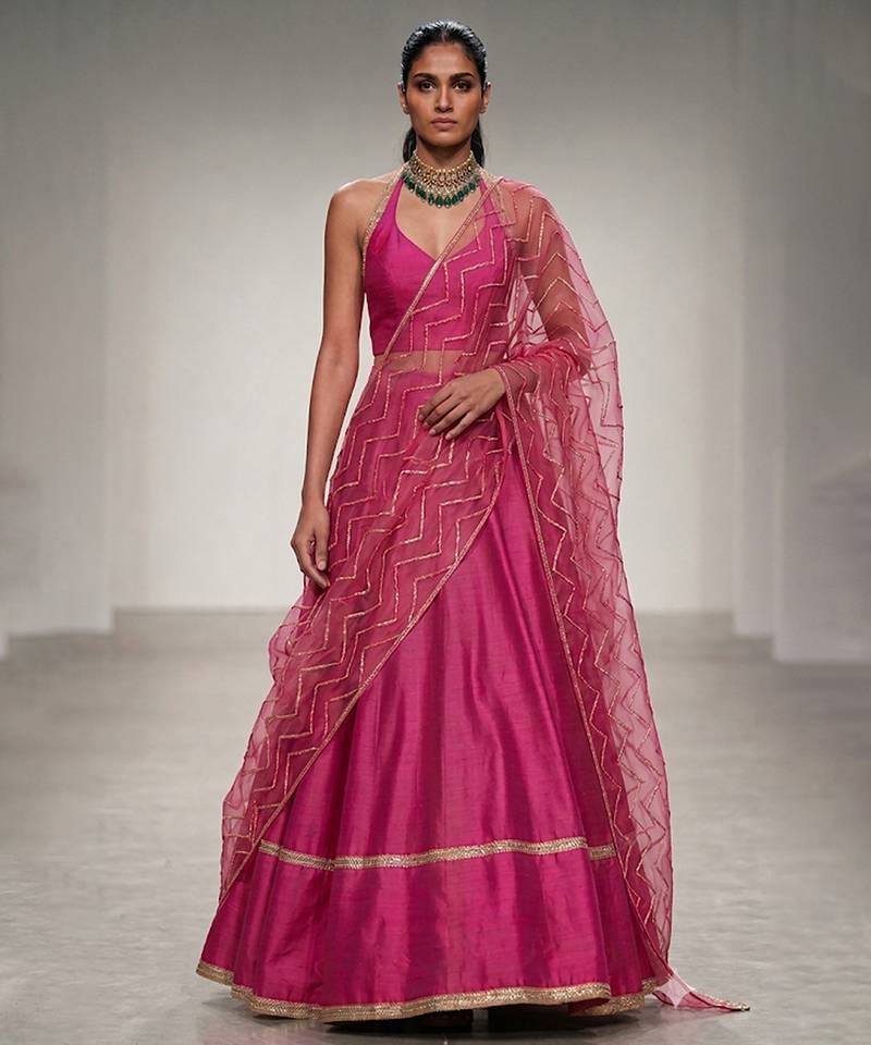 Rani Pink Embroidered Dupion Silk Lehenga Set