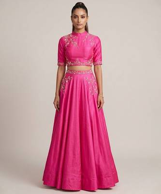 Hot Pink Embroidered Dupion Silk Lehenga Set 1