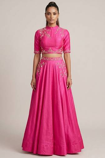 Hot Pink Embroidered Dupion Silk Lehenga Set