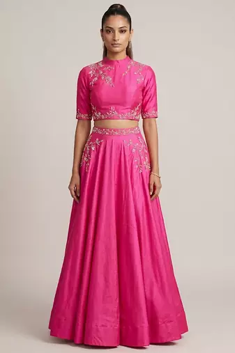 Hot Pink Embroidered Dupion Silk Lehenga Set