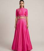 Hot Pink Embroidered Dupion Silk Lehenga Set