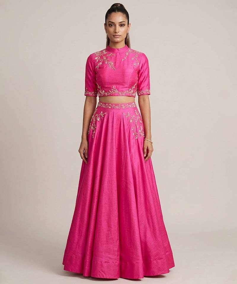 Hot Pink Embroidered Dupion Silk Lehenga Set