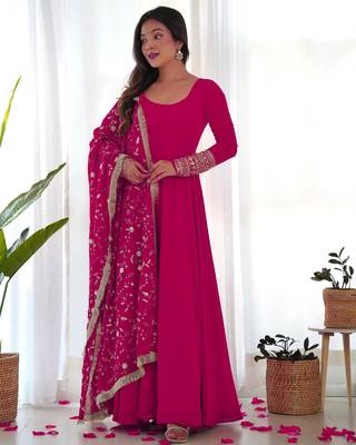 Women's Gorgeous Embroidery Work Fox Georgette Fabric Flared Anarkali Pant and Dupatta Set 1