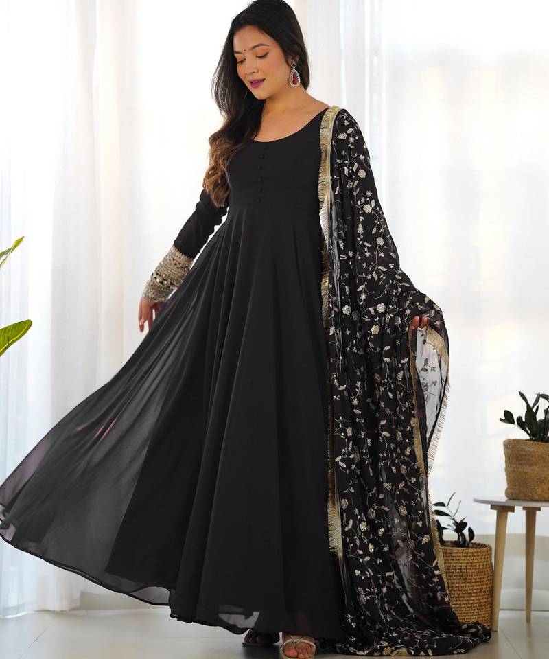 Women's Gorgeous Embroidery Work Fox Georgette Fabric Flared Anarkali Pant and Dupatta Set
