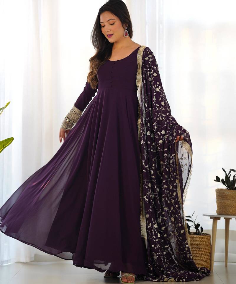 Women's Gorgeous Embroidery Work Fox Georgette Fabric Flared Anarkali Pant and Dupatta Set
