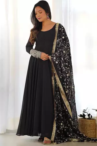Women's Gorgeous Embroidery Work Fox Georgette Fabric Flared Anarkali Pant and Dupatta Set