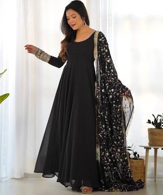 Women's Gorgeous Embroidery Work Fox Georgette Fabric Flared Anarkali Pant and Dupatta Set 5