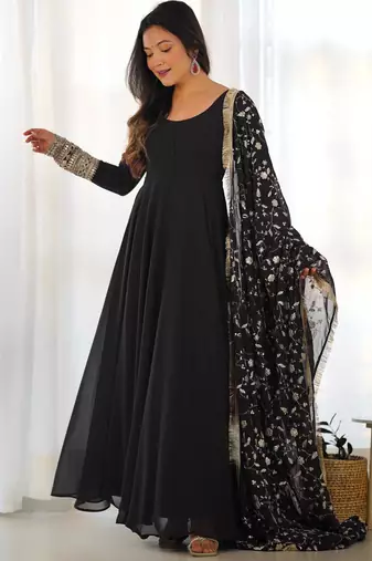 Women's Gorgeous Embroidery Work Fox Georgette Fabric Flared Anarkali Pant and Dupatta Set