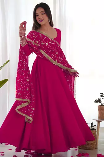 Women's Gorgeous Embroidery Work Fox Georgette Fabric Flared Anarkali Pant and Dupatta Set