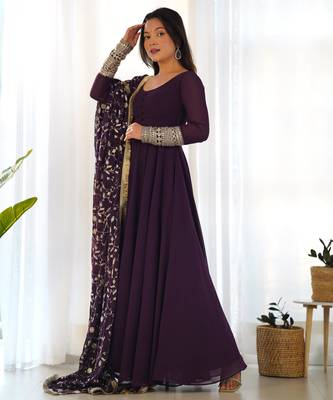 Women's Gorgeous Embroidery Work Fox Georgette Fabric Flared Anarkali Pant and Dupatta Set 3