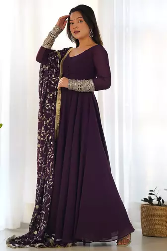Women's Gorgeous Embroidery Work Fox Georgette Fabric Flared Anarkali Pant and Dupatta Set