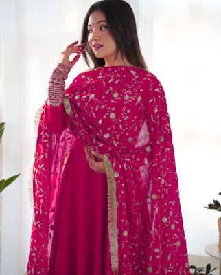 Women's Gorgeous Embroidery Work Fox Georgette Fabric Flared Anarkali Pant and Dupatta Set 5