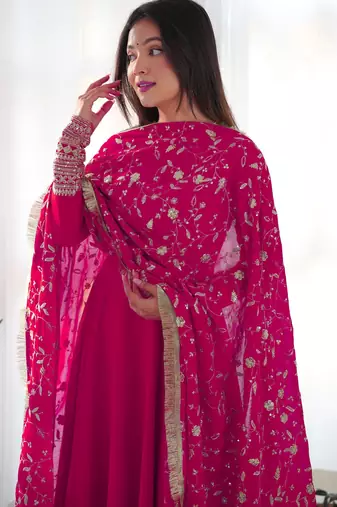 Women's Gorgeous Embroidery Work Fox Georgette Fabric Flared Anarkali Pant and Dupatta Set