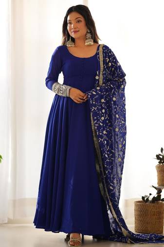Women's Gorgeous Embroidery Work Fox Georgette Fabric Flared Anarkali Pant and Dupatta Set