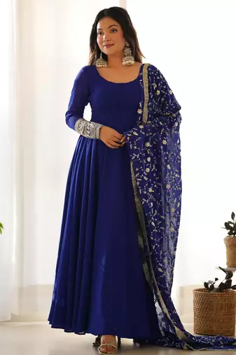 Women's Gorgeous Embroidery Work Fox Georgette Fabric Flared Anarkali Pant and Dupatta Set