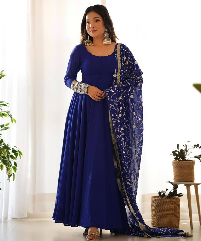 Women's Gorgeous Embroidery Work Fox Georgette Fabric Flared Anarkali Pant and Dupatta Set