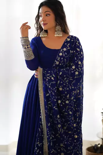 Women's Gorgeous Embroidery Work Fox Georgette Fabric Flared Anarkali Pant and Dupatta Set