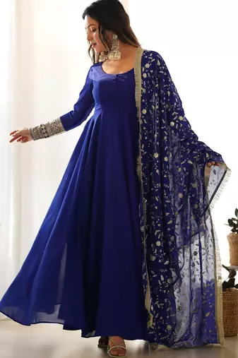Women's Gorgeous Embroidery Work Fox Georgette Fabric Flared Anarkali Pant and Dupatta Set