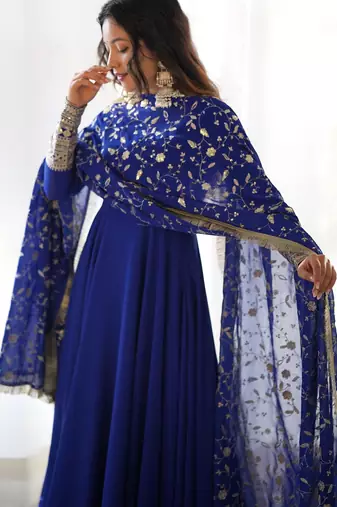 Women's Gorgeous Embroidery Work Fox Georgette Fabric Flared Anarkali Pant and Dupatta Set