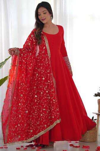 Embroidery Fox Georgette Fabric Flared Anarkali Pant and Dupatta Set