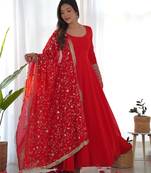 Women's Gorgeous Embroidery Work Fox Georgette Fabric Flared Anarkali Pant and Dupatta Set