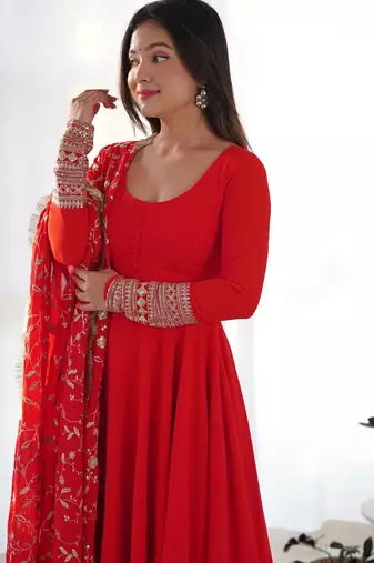 Women's Gorgeous Embroidery Work Fox Georgette Fabric Flared Anarkali Pant and Dupatta Set