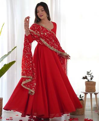 Women's Gorgeous Embroidery Work Fox Georgette Fabric Flared Anarkali Pant and Dupatta Set 4