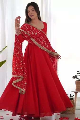 Women's Gorgeous Embroidery Work Fox Georgette Fabric Flared Anarkali Pant and Dupatta Set