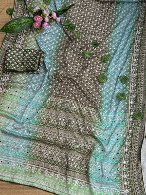 Green Color Digital Print ,Hand Aari Work and Hand Khatli work Silk Blend Saree 1