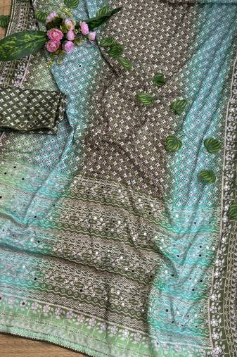 Green Color Digital Print ,Hand Aari Work and Hand Khatli work Silk Blend Saree