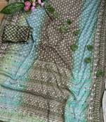 Green Color Digital Print ,Hand Aari Work and Hand Khatli work Silk Blend Saree