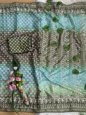 Green Color Digital Print ,Hand Aari Work and Hand Khatli work Silk Blend Saree 2