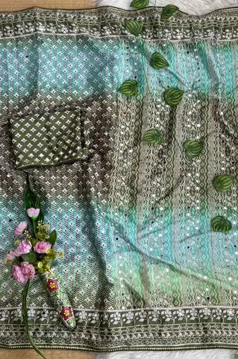 Green Color Digital Print ,Hand Aari Work and Hand Khatli work Silk Blend Saree