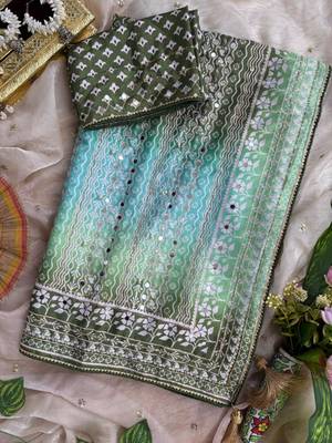 Green Color Digital Print ,Hand Aari Work and Hand Khatli work Silk Blend Saree 3