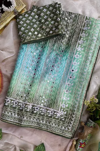 Green Color Digital Print ,Hand Aari Work and Hand Khatli work Silk Blend Saree