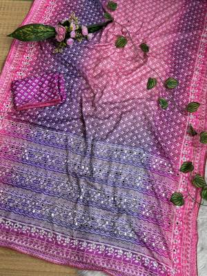 Lavender Color Digital Print ,Hand Aari Work and Hand Khatli work Silk Blend Saree 1