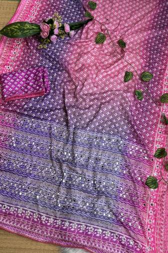 Lavender Color Digital Print ,Hand Aari Work and Hand Khatli work Silk Blend Saree