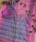Lavender Color Digital Print ,Hand Aari Work and Hand Khatli work Silk Blend Saree