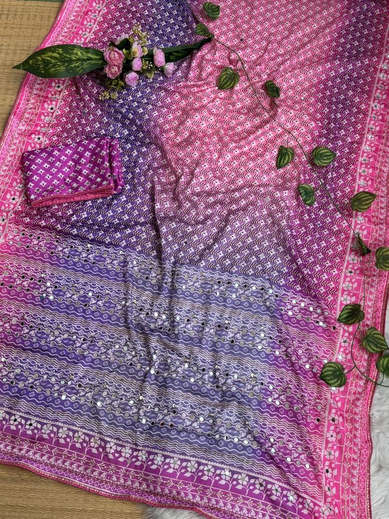 Lavender Color Digital Print ,Hand Aari Work and Hand Khatli work Silk Blend Saree