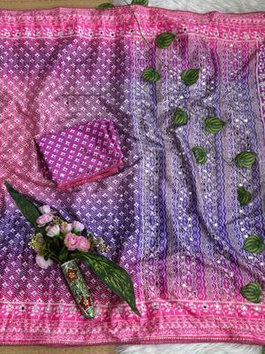 Lavender Color Digital Print ,Hand Aari Work and Hand Khatli work Silk Blend Saree 2