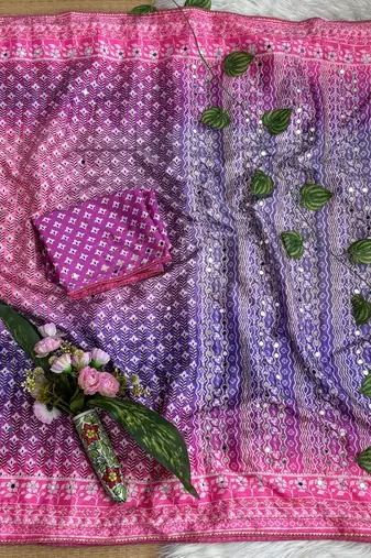 Lavender Color Digital Print ,Hand Aari Work and Hand Khatli work Silk Blend Saree