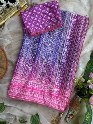 Lavender Color Digital Print ,Hand Aari Work and Hand Khatli work Silk Blend Saree 3